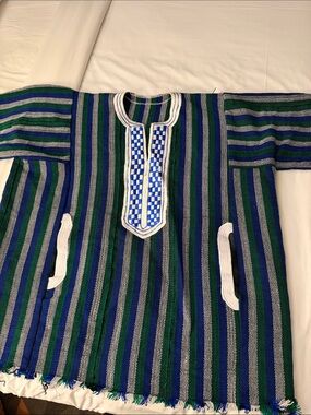 African Dashiki Kaftan Striped Woven Cotton Tunic Embroidered Neck, One Size